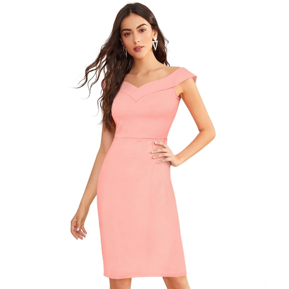 Generic Women's Knitting stretchable Solid Round Neck Sleeveless Dress (Peach) Main image