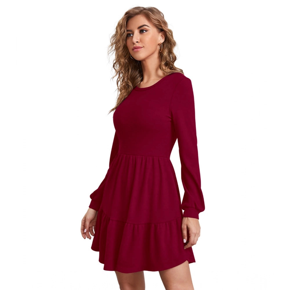 Generic Women's Knitting stretchable Solid Round Neck Full Sleeve Dress (Maroon) Main image