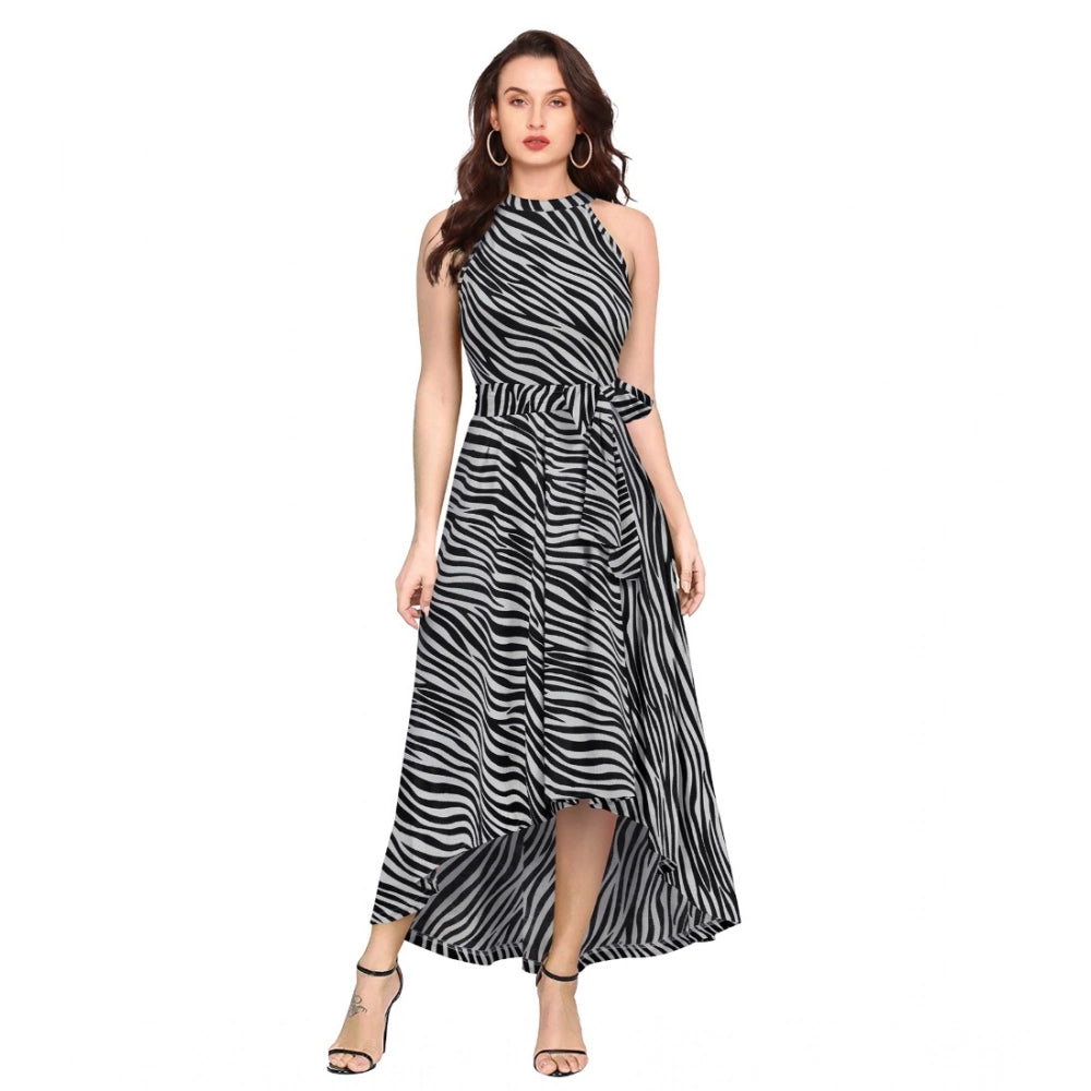 Generic Women's Polyester Zebra Pattern Halter Neck Sleeveless Dress (Navy Blue) Main image