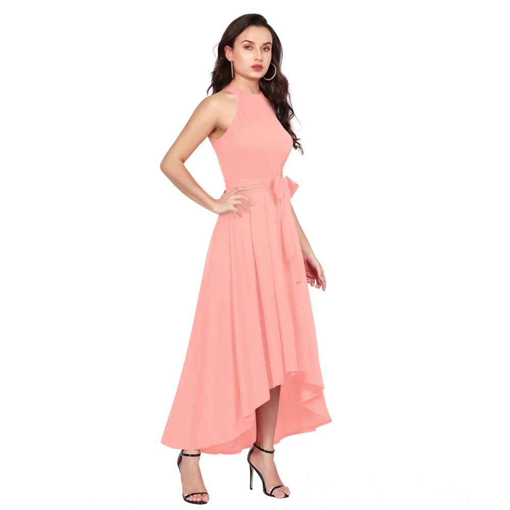 Generic Women's Polyster Solid Halter Neck Sleeveless Dress (Peach) Secondary image