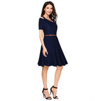 Generic Women's Polyester Solid V Neck Cap Sleeve Dress (Blue)