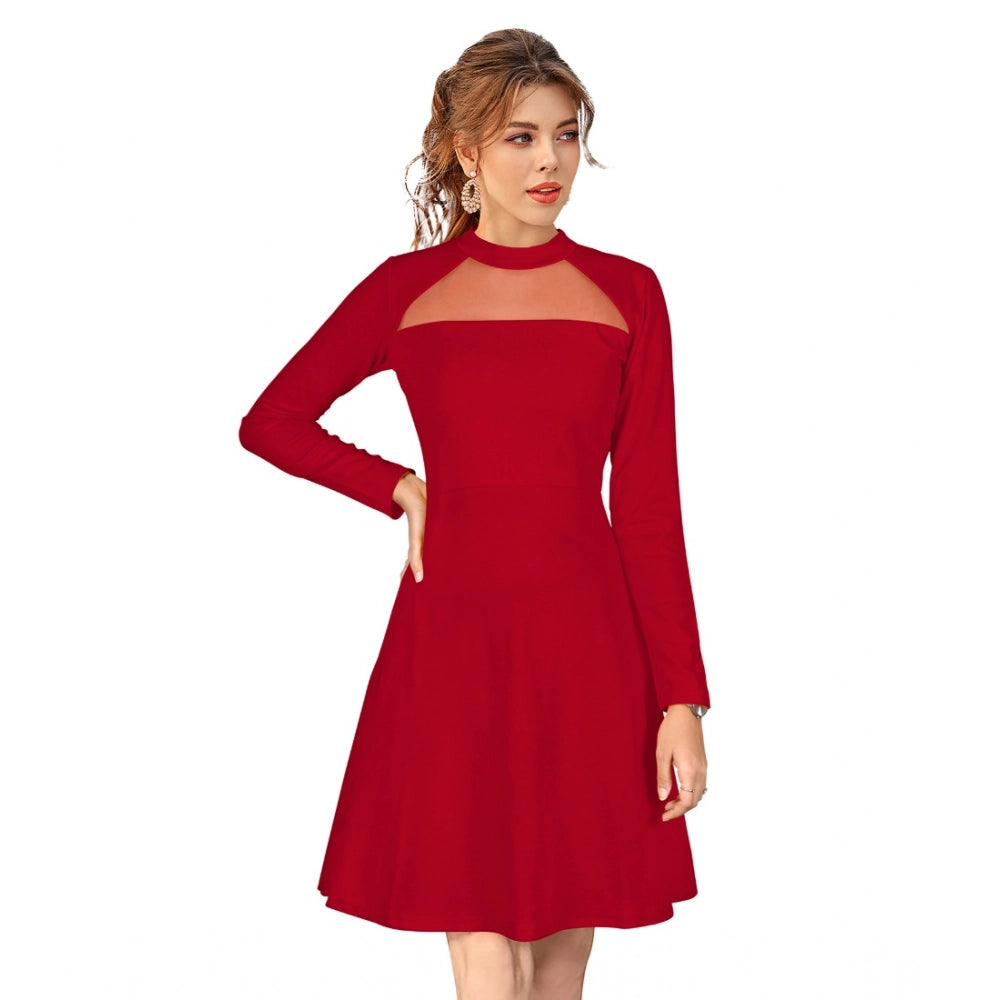 Generic Women's Knitting stretchable Solid Round Neck Full Sleeve Dress (Red) Main image