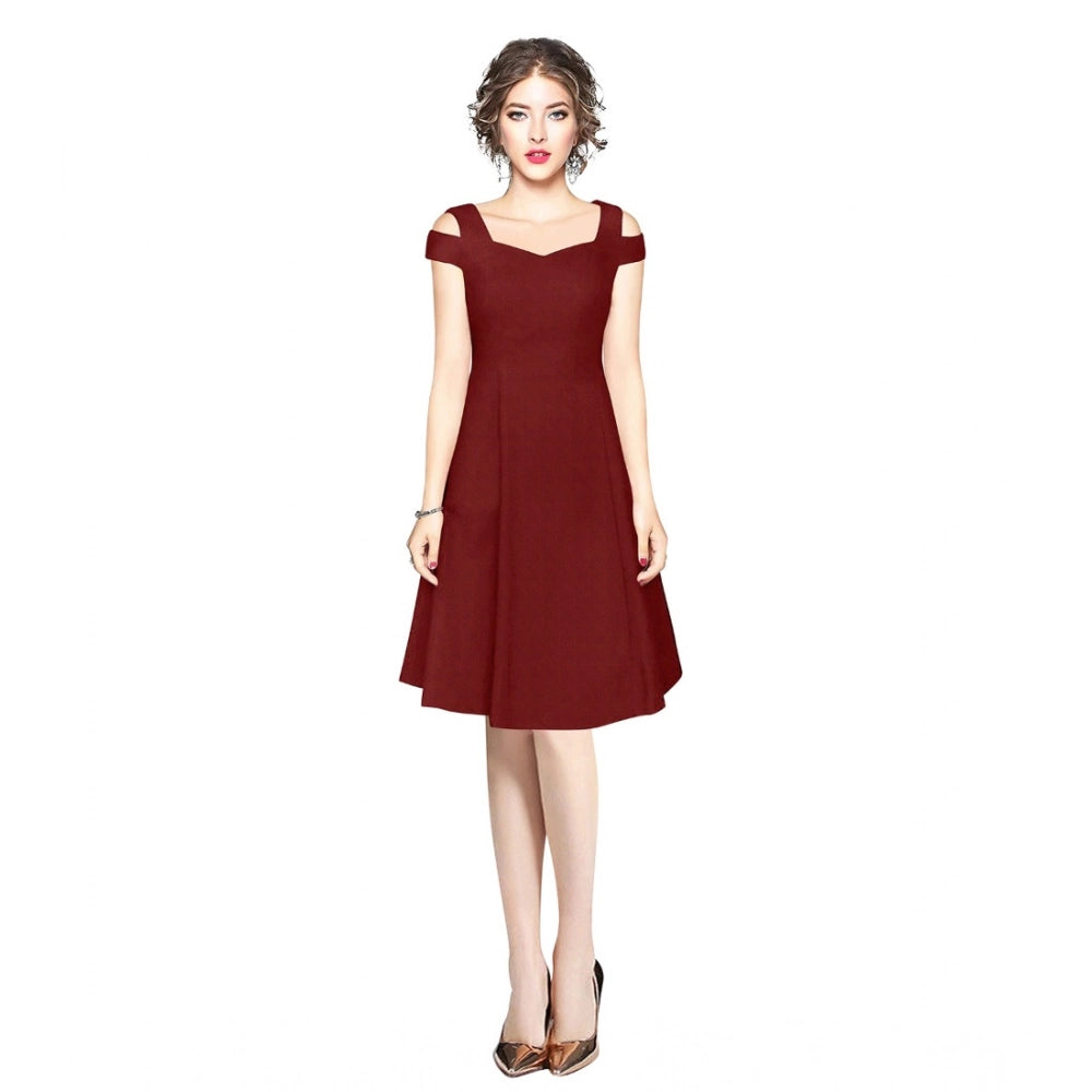 Generic Women's Polyester Solid V Neck Cap Sleeve off Shoulder Dress (Maroon) Main image