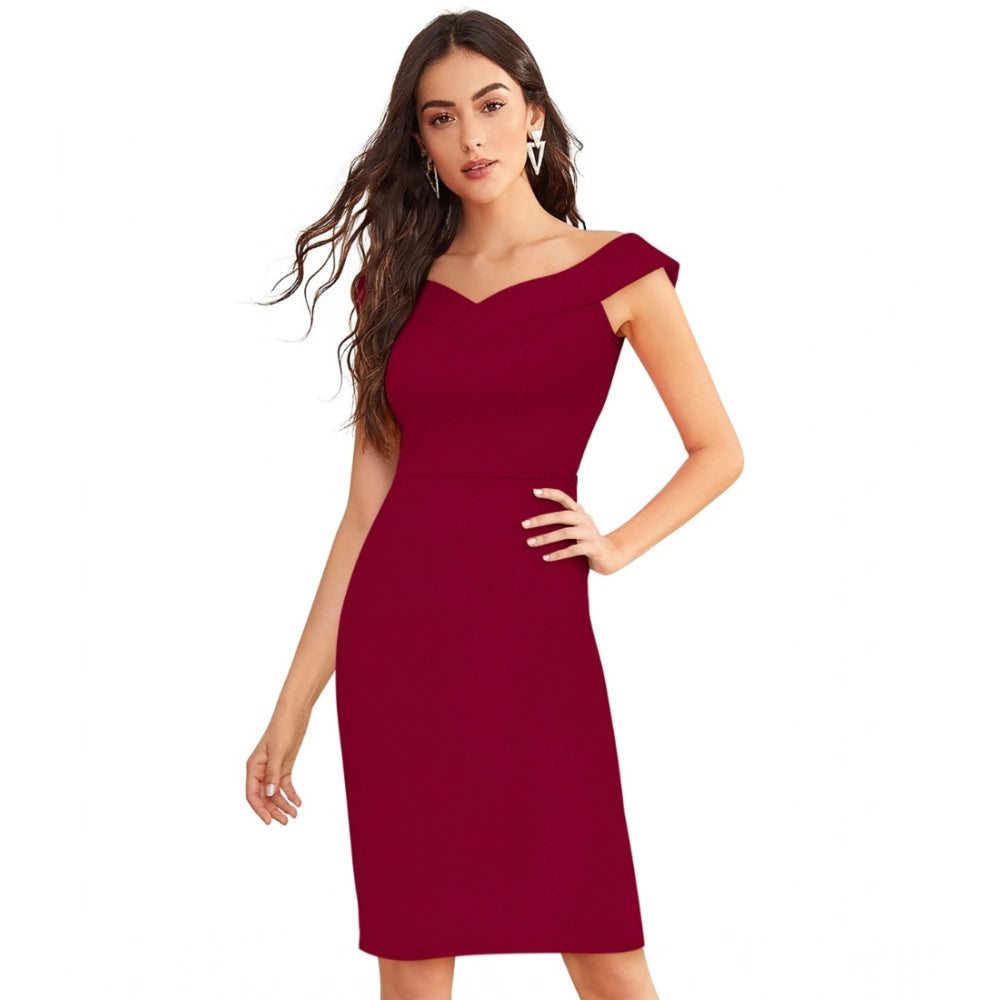 Generic Women's Knitting stretchable Solid Round Neck Sleeveless Dress (Maroon) Main image