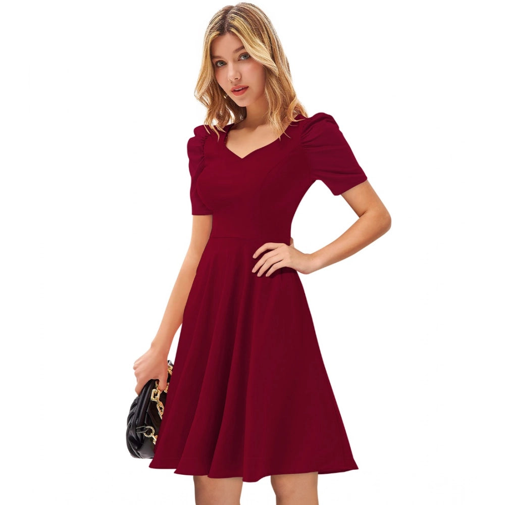 Generic Women's Knitting stretchable Solid V Neck Cap Sleeve Dress (Maroon)