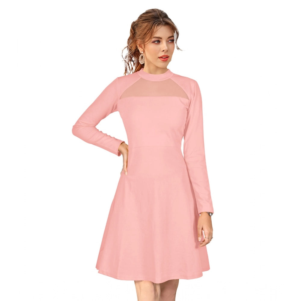 Generic Women's Knitting stretchable Solid Round Neck Full Sleeve Dress (Peach) Main image