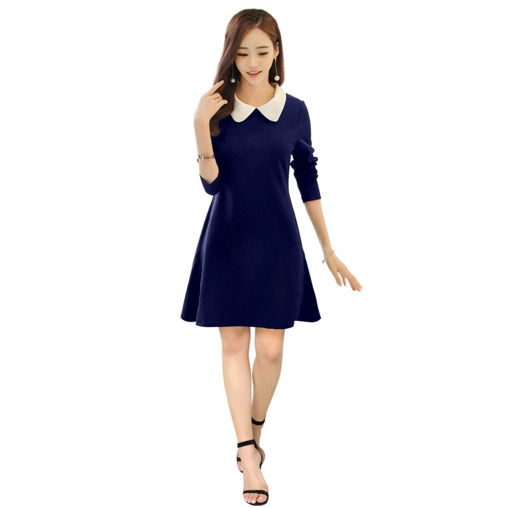 Generic Women's Polyester Solid Collar 3-4th Dress (Blue) Main image