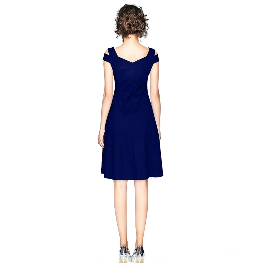 Generic Women's Polyester Solid V Neck Cap Sleeve off Shoulder Dress (Blue) Secondary image