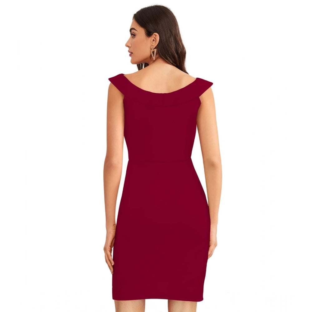 Generic Women's Knitting stretchable Solid Round Neck Sleeveless Dress (Maroon) Secondary image