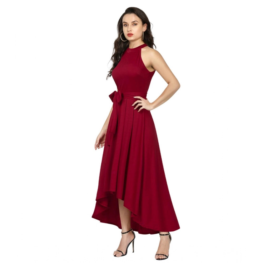 Generic Women's Polyster Solid Halter Neck Sleeveless Dress (Maroon)