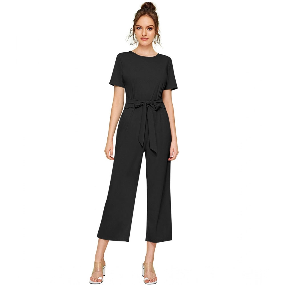 Generic Women's Knitting stretchable Solid Round Neck Cap Sleeve Jumpsuit (Black) Main image