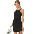 Generic Women's Knitting stretchable Solid Round Neck Sleeveless Dress (Black)