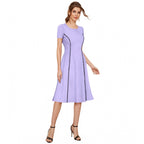 Generic Women's Knitting stretchable Solid Round Neck Cap Sleeve Dress (Purple)