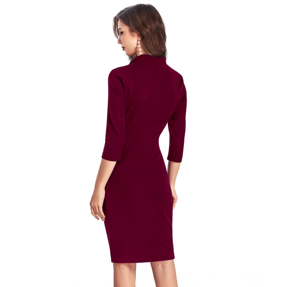 Generic Women's Knitting stretchable Solid Round Neck 3-4th Dress (Maroon) Secondary image