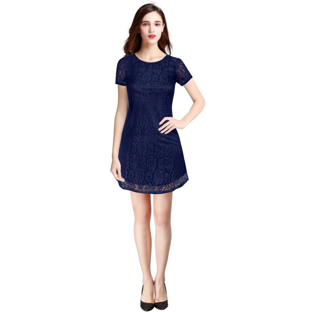 Generic Women's Rasal Solid Round Neck Cap Sleeve Dress (Blue) Main image