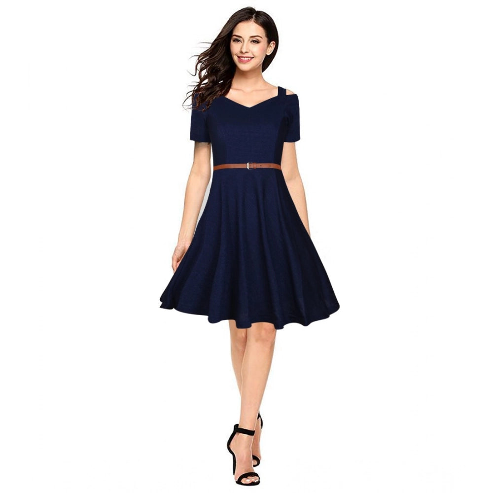 Generic Women's Polyester Solid V Neck Cap Sleeve Dress (Blue)