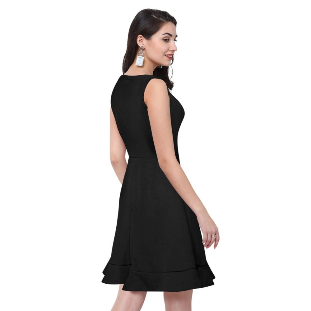 Generic Women's Polyester Solid Round Neck Sleeveless Dress (Black) Secondary image