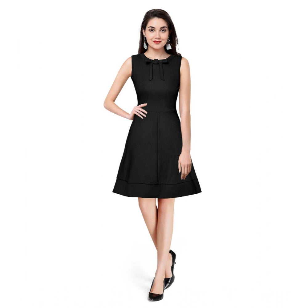Generic Women's Polyester Solid Round Neck Sleeveless Dress (Black) Main image