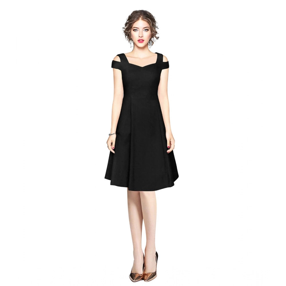 Generic Women's Polyester Solid V Neck Cap Sleeve off Shoulder Dress (Black) Main image