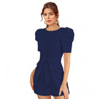 Generic Women's Knitting stretchable Solid Round Neck 3-4 Puff Sleeve Dress (Blue)