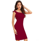 Generic Women's Knitting stretchable Solid Round Neck Sleeveless Dress (Maroon)