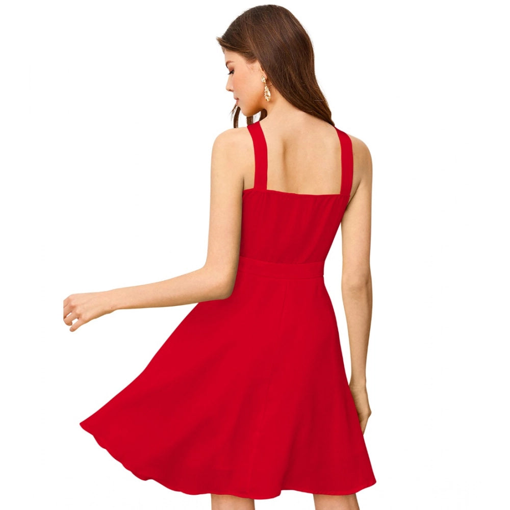 Generic Women's Knitting stretchable Solid Halter Neck Sleeveless Dress (Red ) Secondary image