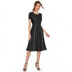 Generic Women's Knitting stretchable Solid Round Neck Cap Sleeve Dress (Black)