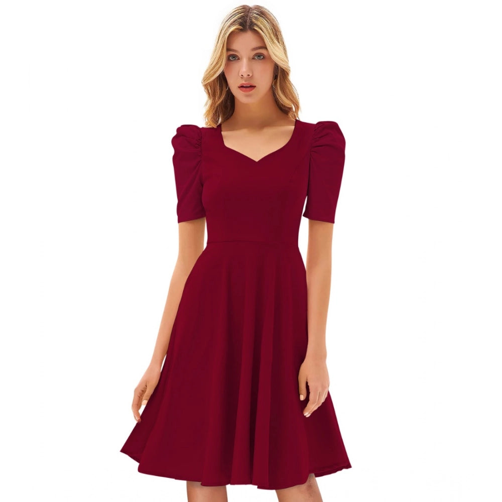 Generic Women's Knitting stretchable Solid V Neck Cap Sleeve Dress (Maroon) Main image