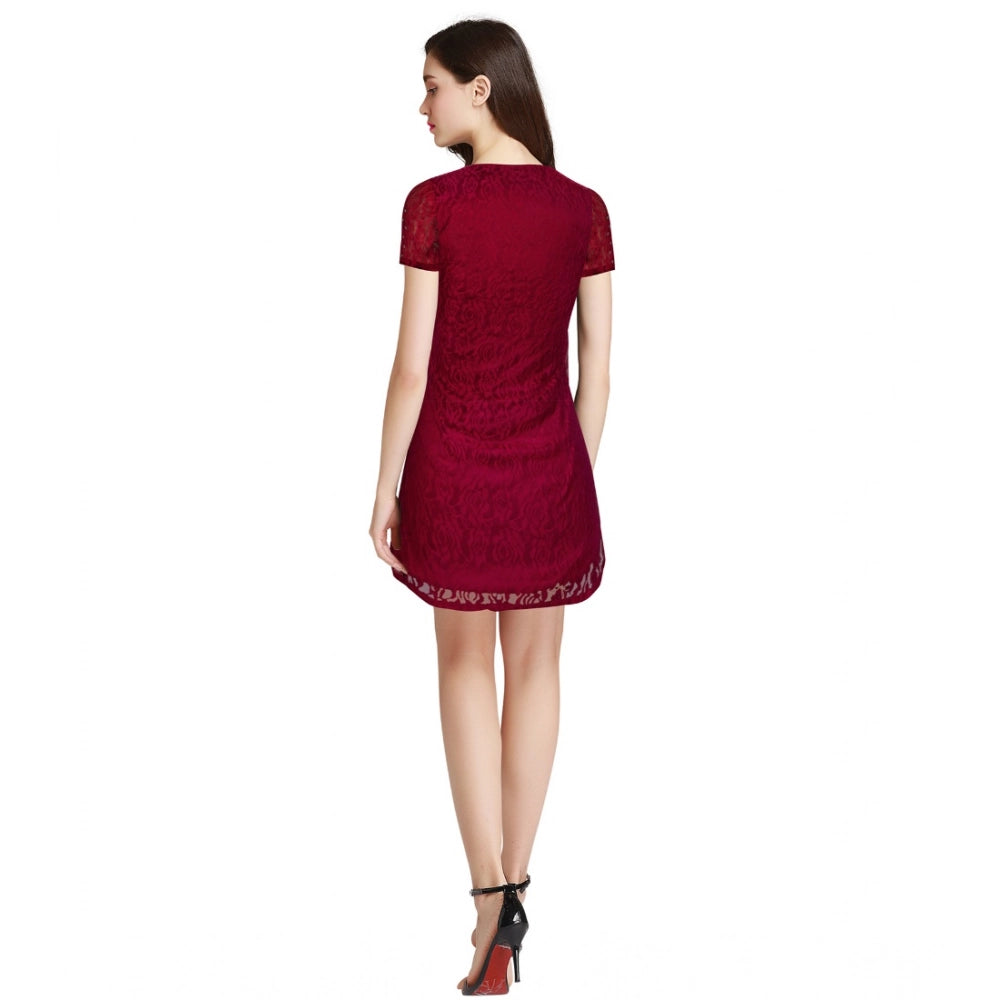 Generic Women's Rasal Solid Round Neck Cap Sleeve Dress (Maroon) Secondary image