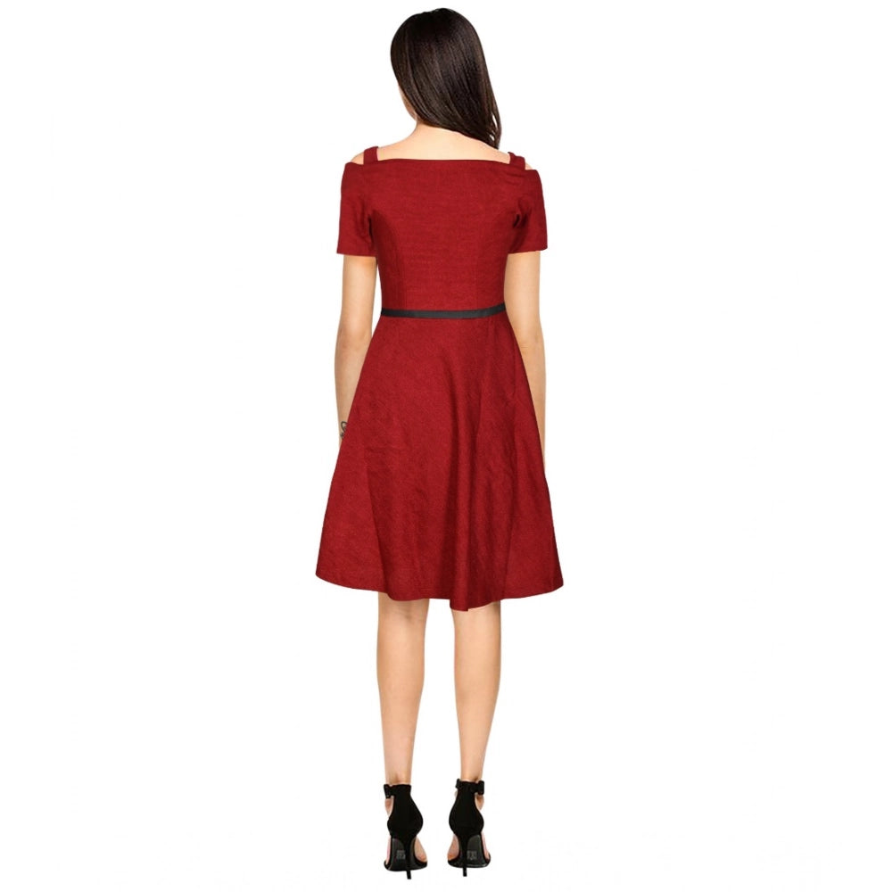 Generic Women's Polyester Solid V Neck Cap Sleeve Dress (Maroon) Secondary image