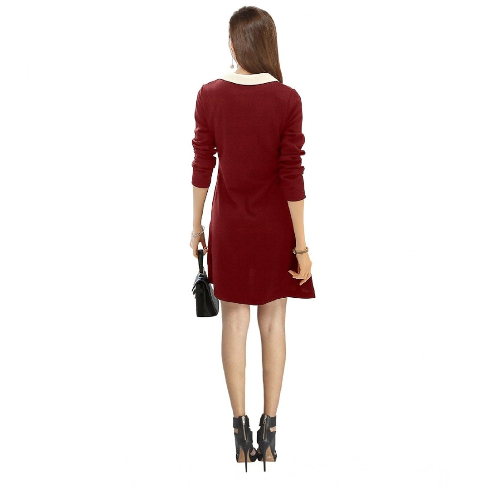 Generic Women's Polyester Solid Collar 3-4th Dress (Maroon) Secondary image