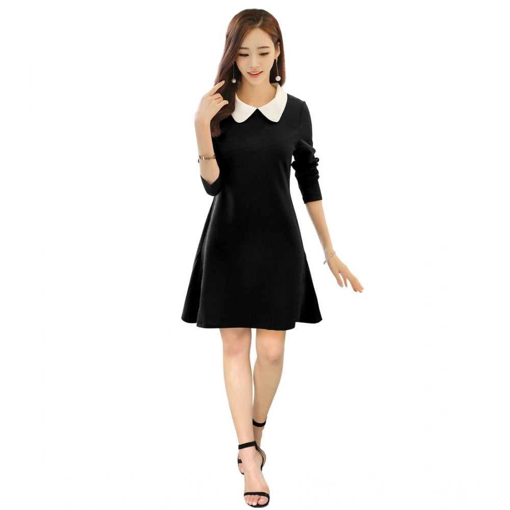 Generic Women's Polyester Solid Collar 3-4th Dress (Black) Main image