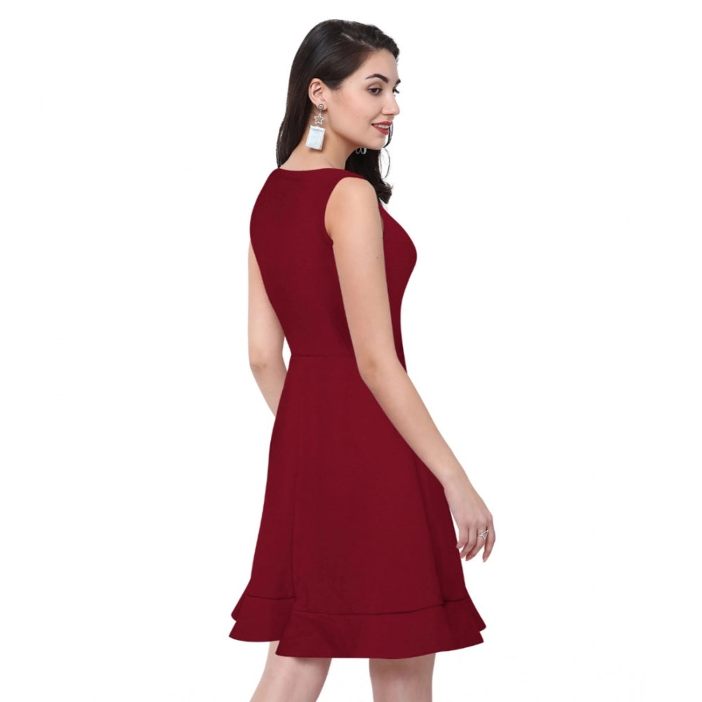 Generic Women's Polyester Solid Round Neck Sleeveless Dress (Maroon) Secondary image