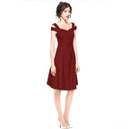 Generic Women's Polyester Solid V Neck Cap Sleeve off Shoulder Dress (Maroon)