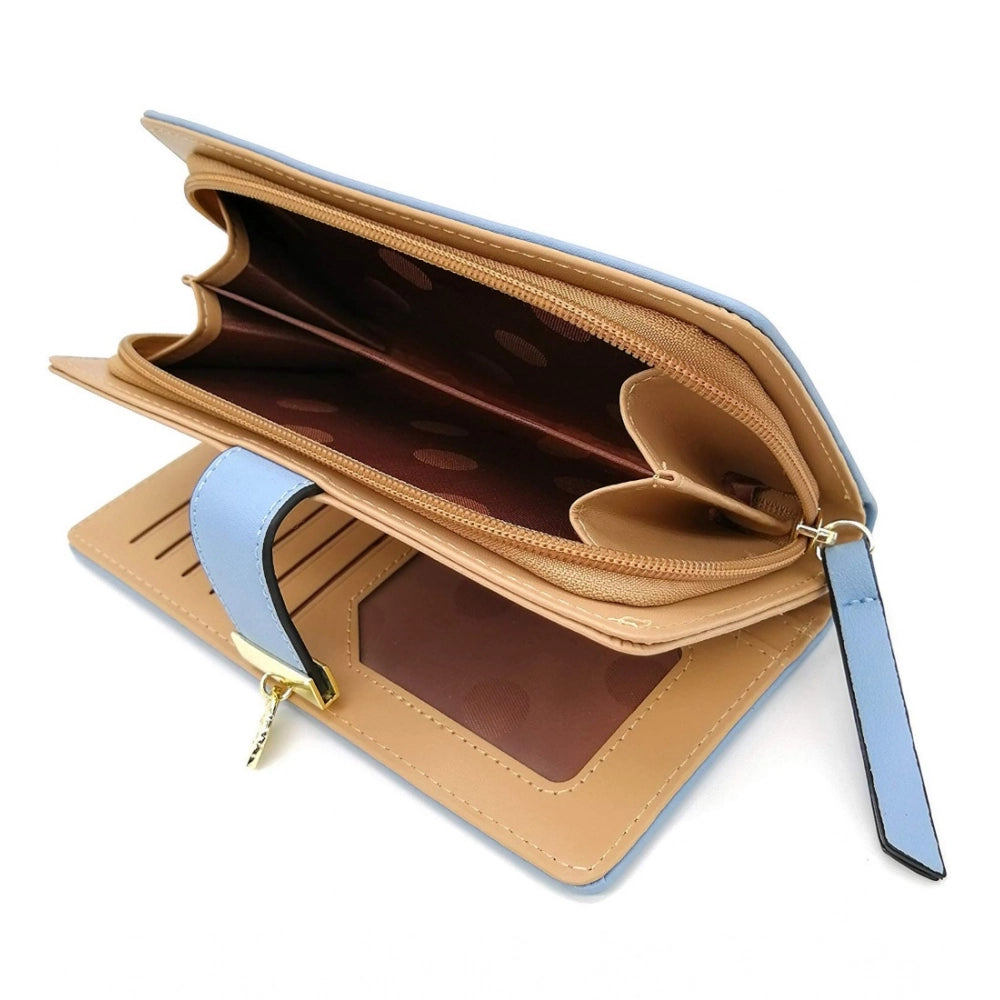 Generic Women's Faux Leather Medium Snap Button Wallet (Blue)