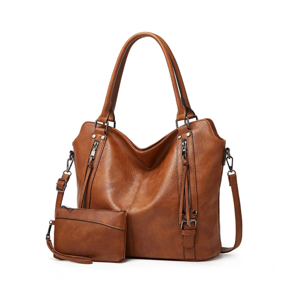 Generic Women's PU Leather Large Shoulder Zipper Handbag (Brown) Main image