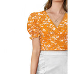 Generic Women's Knitting Printed V-Neck Puff Sleeve Tops (Yellow)