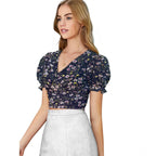 Generic Women's Knitting Printed V-Neck Puff Sleeve Tops (Navy Blue)