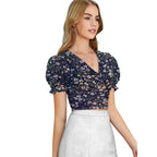 Generic Women's Knitting Printed V-Neck Puff Sleeve Tops (Navy Blue)