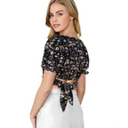 Generic Women's Knitting Printed V-Neck Puff Sleeve Tops (Black)