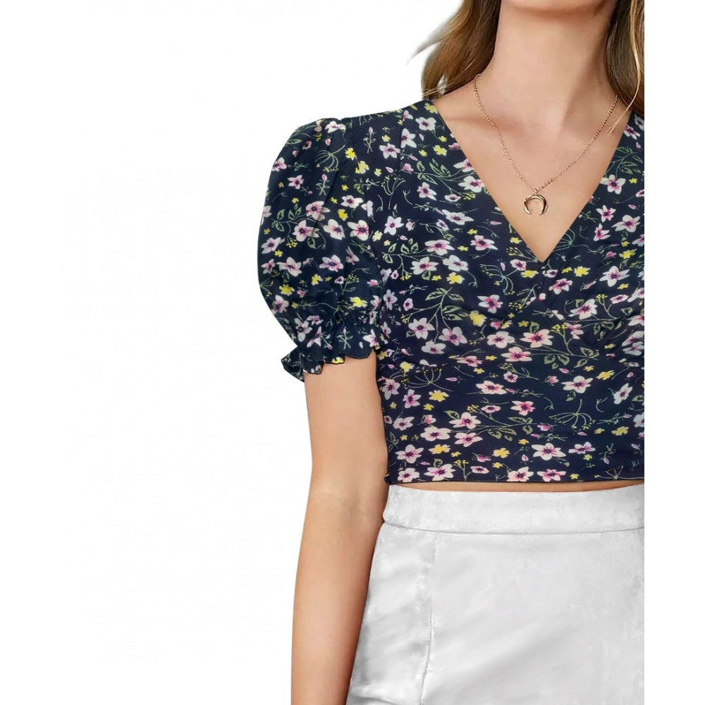Generic Women's Knitting Printed V-Neck Puff Sleeve Tops (Navy Blue)