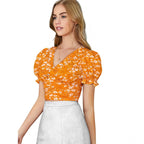 Generic Women's Knitting Printed V-Neck Puff Sleeve Tops (Yellow)