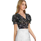 Generic Women's Knitting Printed V-Neck Puff Sleeve Tops (Black)