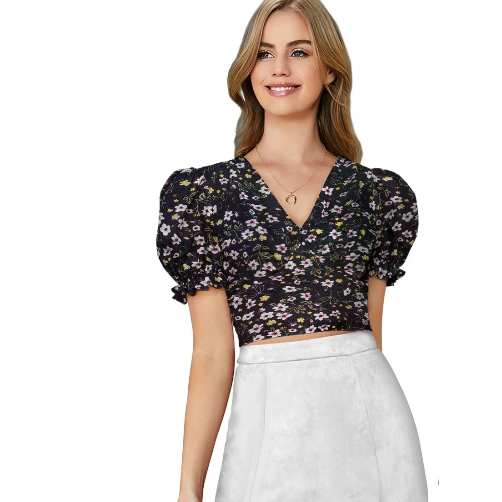 Generic Women's Knitting Printed V-Neck Puff Sleeve Tops (Black) Main image