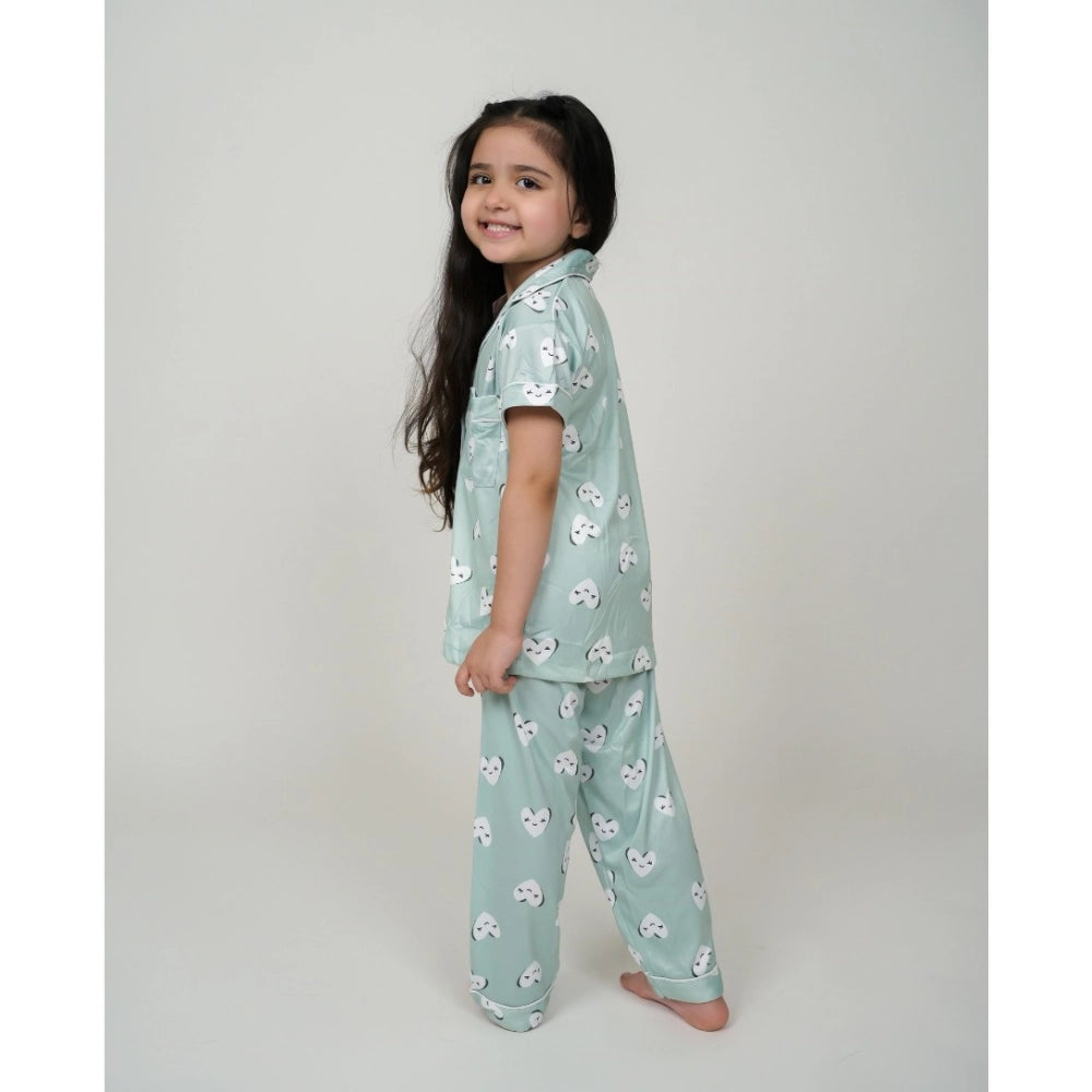 Generic Girl's Silk Bleand Printed Short Sleeve Night Suit Set (Light Green)