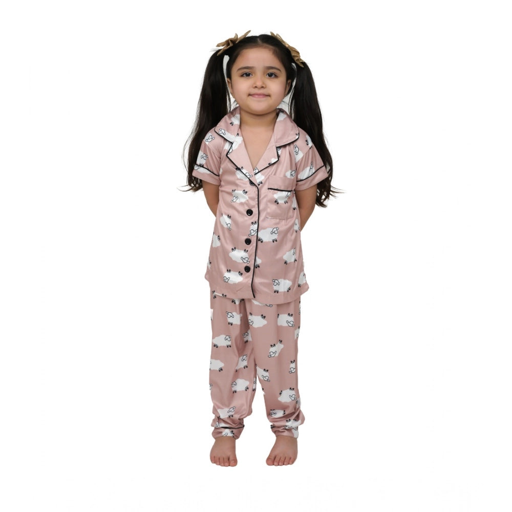 Generic Girl's Silk Bleand Printed Short Sleeve Night Suit Set (Brown) Main image