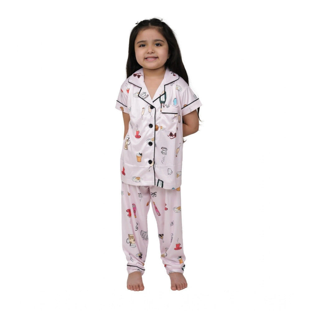 Generic Girl's Silk Bleand Printed Short Sleeve Night Suit Set (Creem) Main image