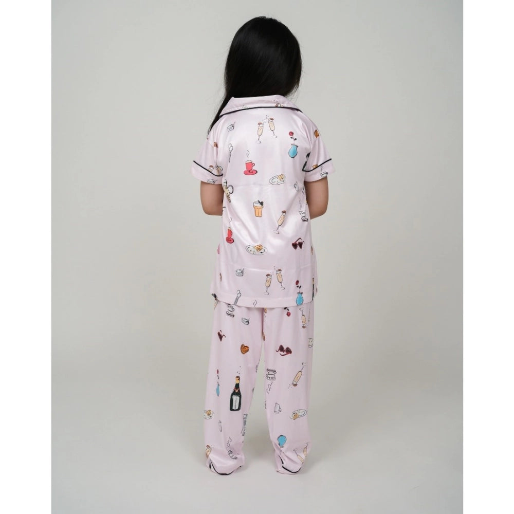 Generic Girl's Silk Bleand Printed Short Sleeve Night Suit Set (Light Pink) Secondary image