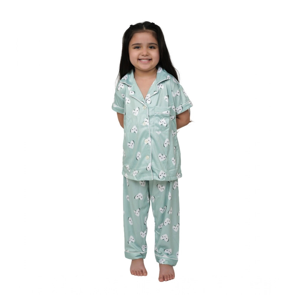 Generic Girl's Silk Bleand Printed Short Sleeve Night Suit Set (Light Green) Main image