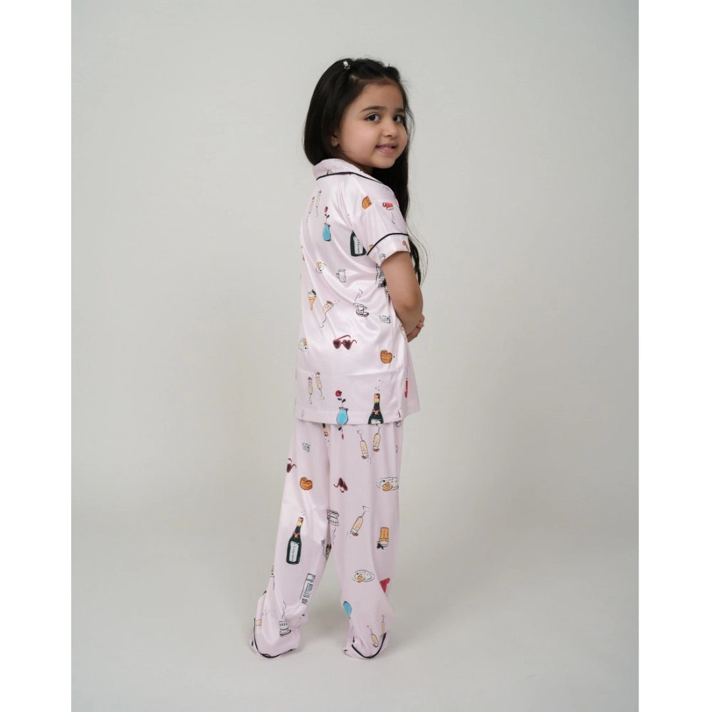 Generic Girl's Silk Bleand Printed Short Sleeve Night Suit Set (Creem)